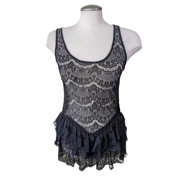 Ella Moss Womens Sheer Lace Tank Top Small Black Tiered Peplum Whimsigoth Witchy - Picture 1 of 5
